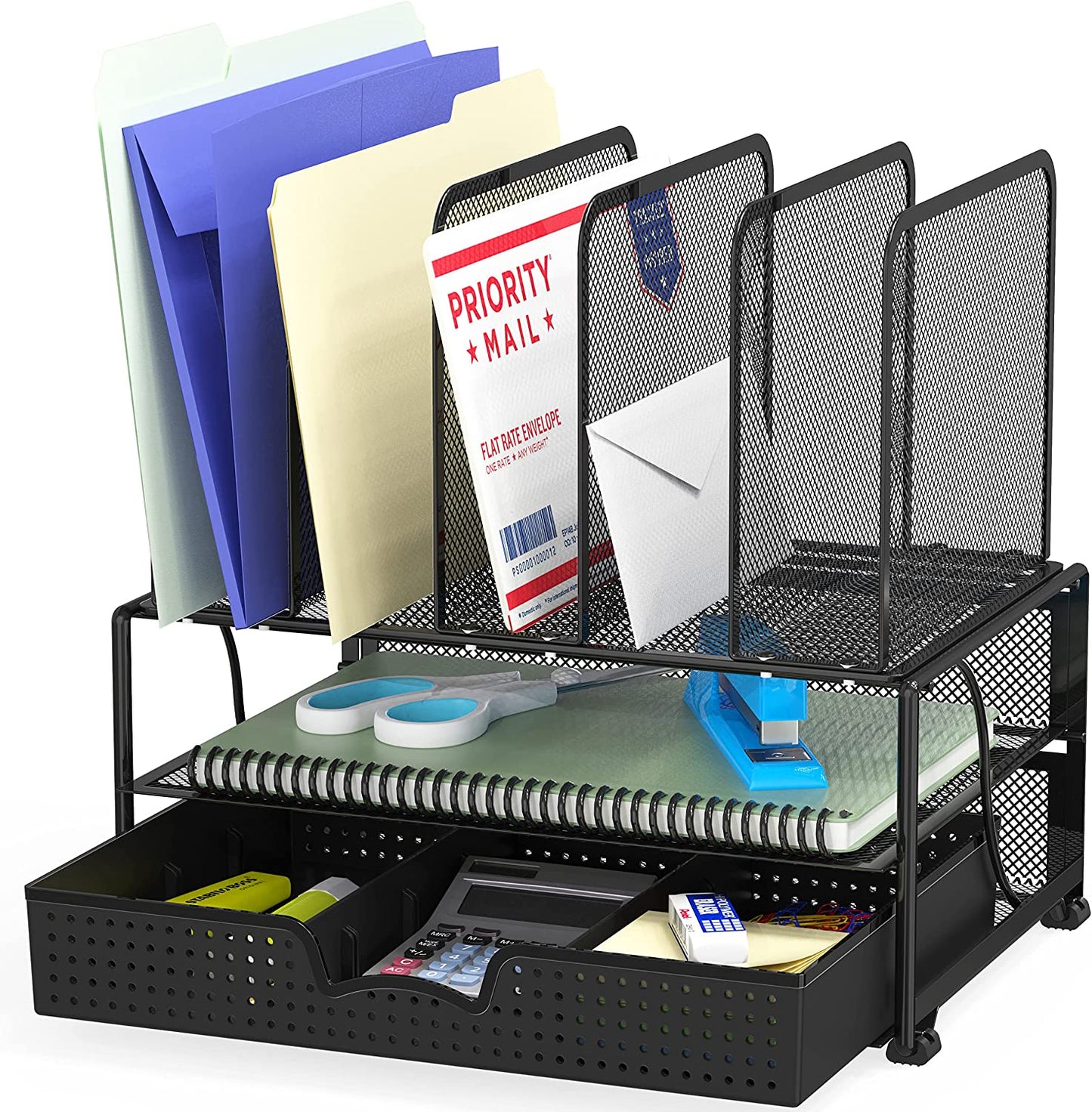 Simplehouseware Mesh Desk Organizer with Sliding Drawer, Double Tray and 5 Upright Sections, Black