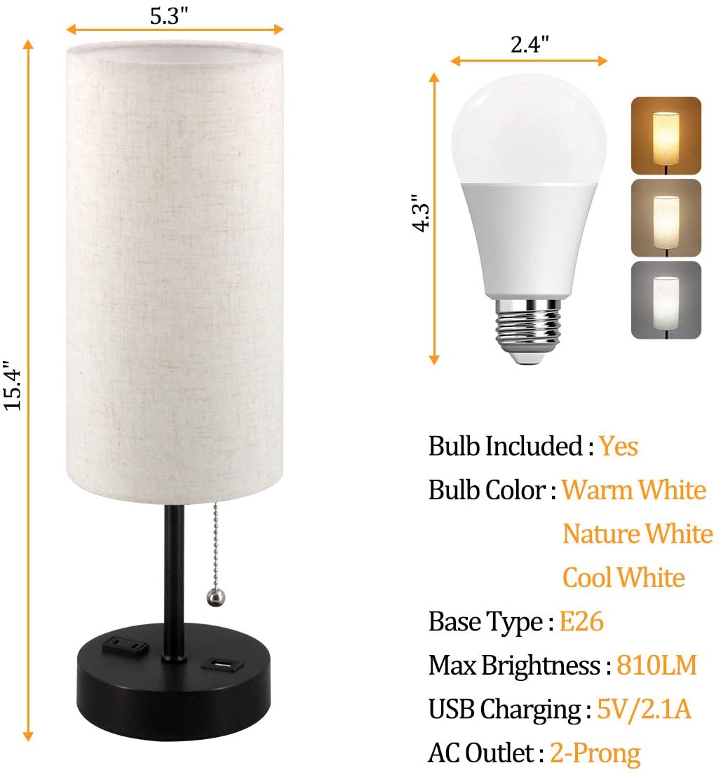 USB Bedside Table Lamp, 2700K 4000K 5000K Nightstand Lamp with Pull Chain, Bedside Lamp with USB Port & AC Outlet, Table Lamp for Bedroom Living Room, Bulb Included, Fabric Linen Lamp Shade