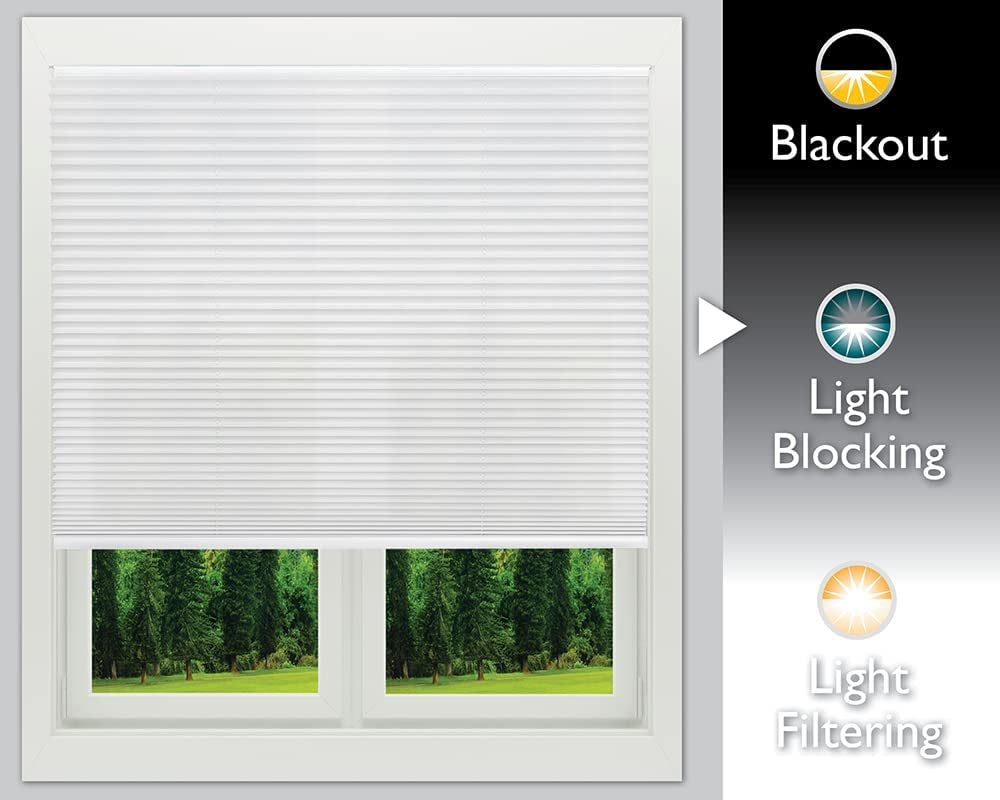 No Tools Easy Lift Trim-At-Home Cordless Pleated Light Blocking Fabric Shade White, 36 in X 64 In, (Fits Windows 19 in - 36 In)