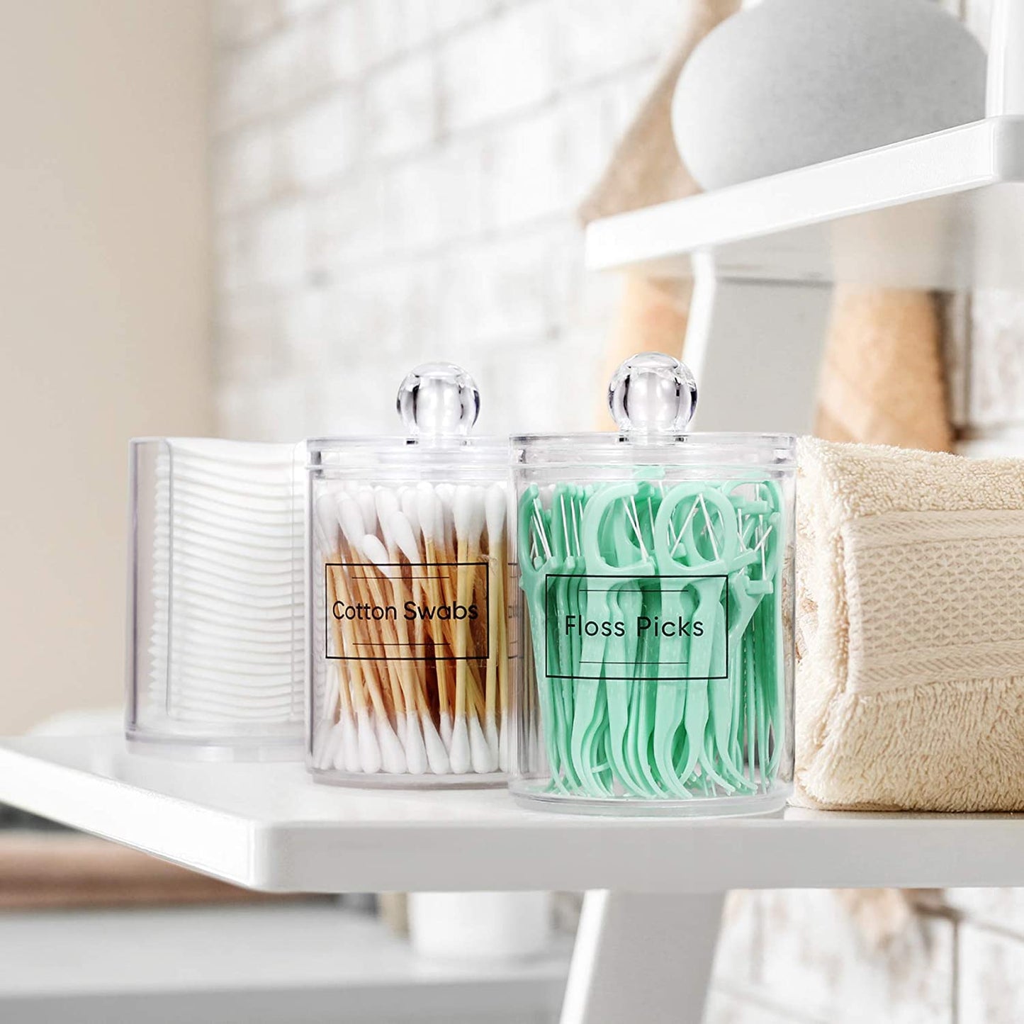4 Pcs, 10 OZ Qtip Holder Dispenser for Cotton Ball, Cotton Swab, Cotton round Pads, Floss - Clear Plastic Apothecary Jar Set for Bathroom Canister Storage Organization, Vanity Makeup Organizer
