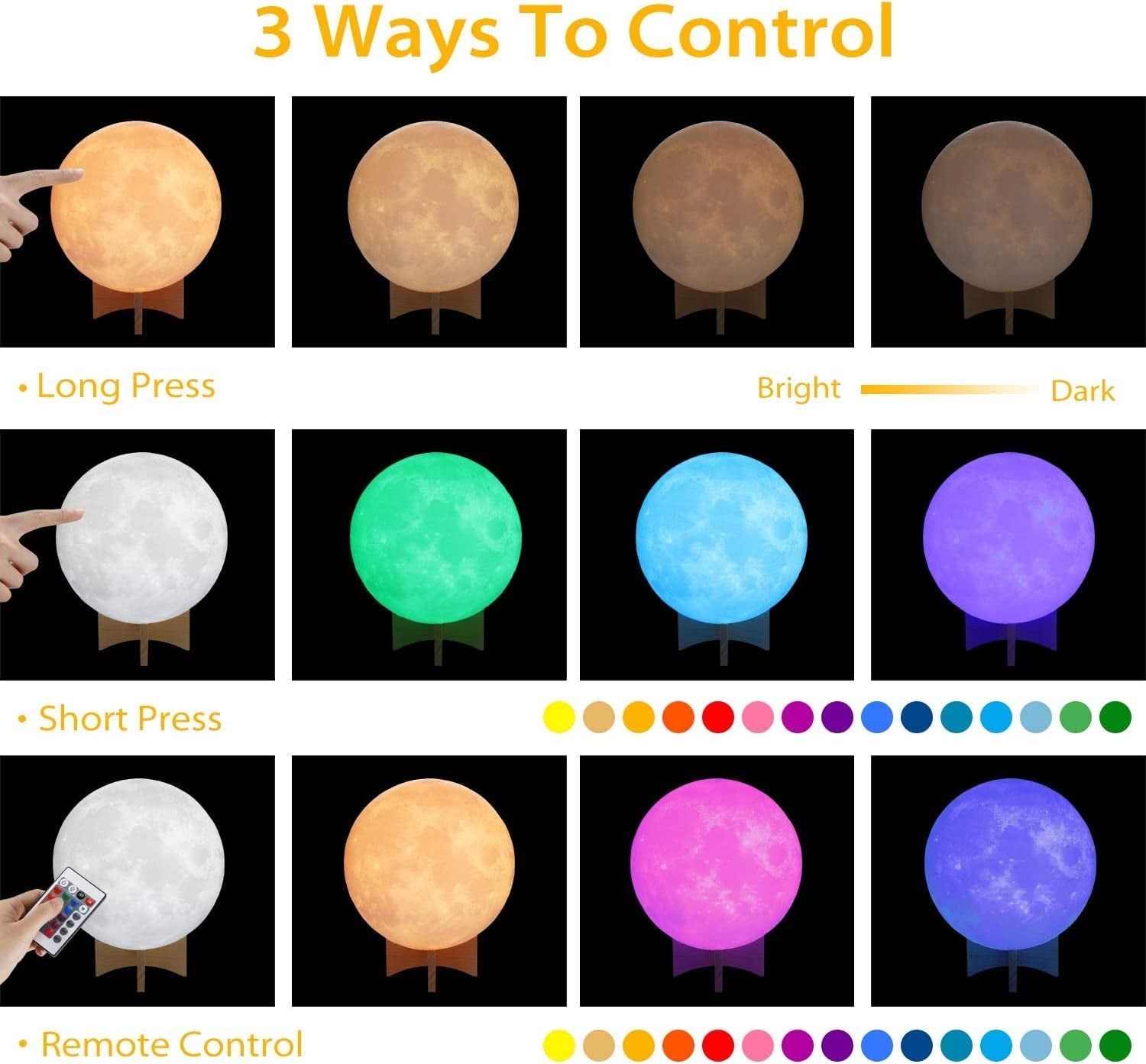 Moon Lamp, 16 Colors 7.1 Inch 3D Print Moon Light with Stand Remote Touch Tap Control, USB Rechargeable Dimmable LED Night Lights for Kids Adults Friends Family Lover Birthday Christmas Gifts