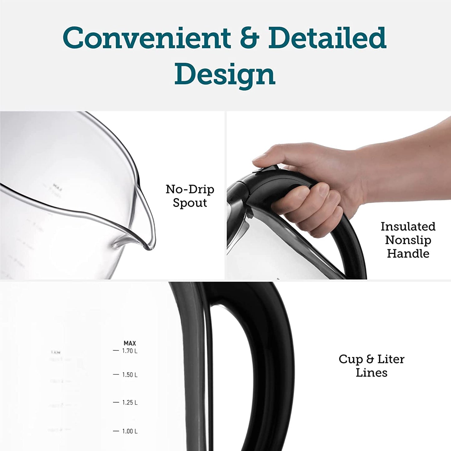 Electric Kettle for Boiling Water, 1500W Wider Mouth 1.7L Glass Electric Tea Kettle & Electric Water Boiler, Stainless Steel Inner Lid, Auto Shut-Off & Boil-Dry Protection, BPA Free, Black