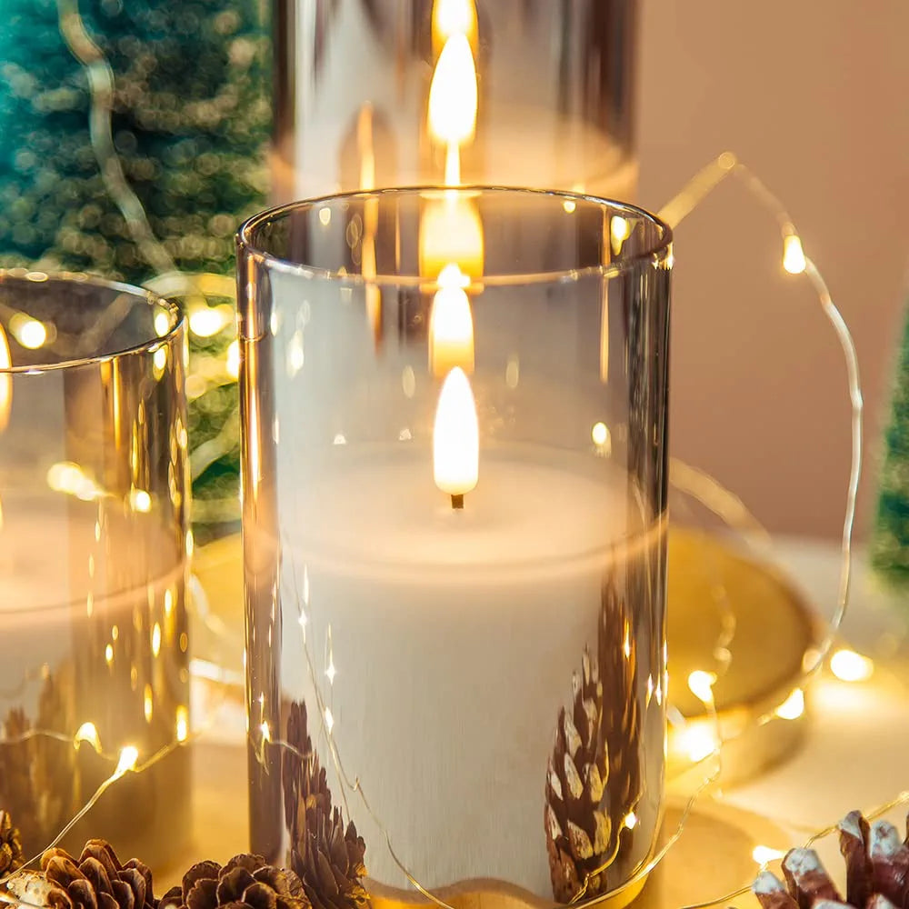 Glass Flameless Candles with Remote Battery Operated Flickering LED Pillar Candles Real Wax Wick 3 Pack D 3" H 4" 5" 6" Grey