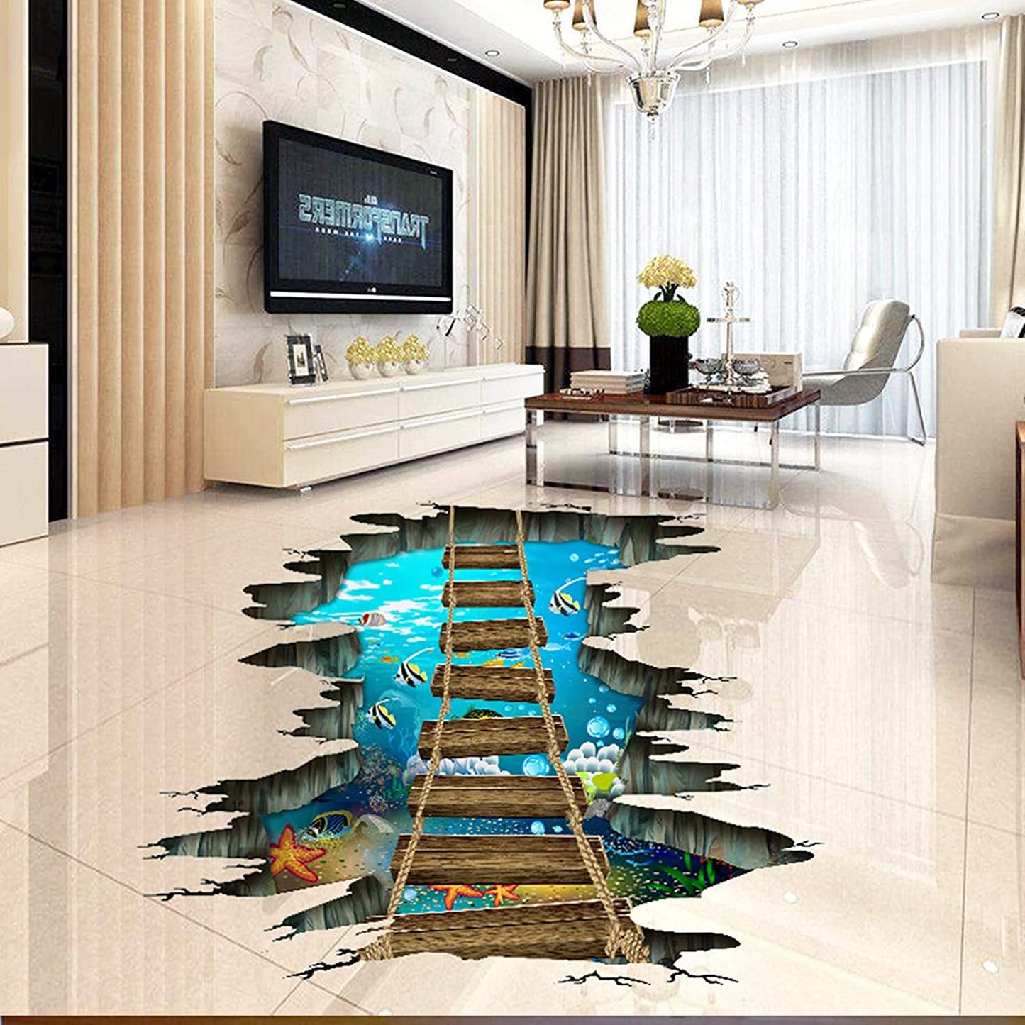 HUANLE Self-Adhesive Floor Stickers Home Room Decor 3D Volcano Lava Rope Bridge