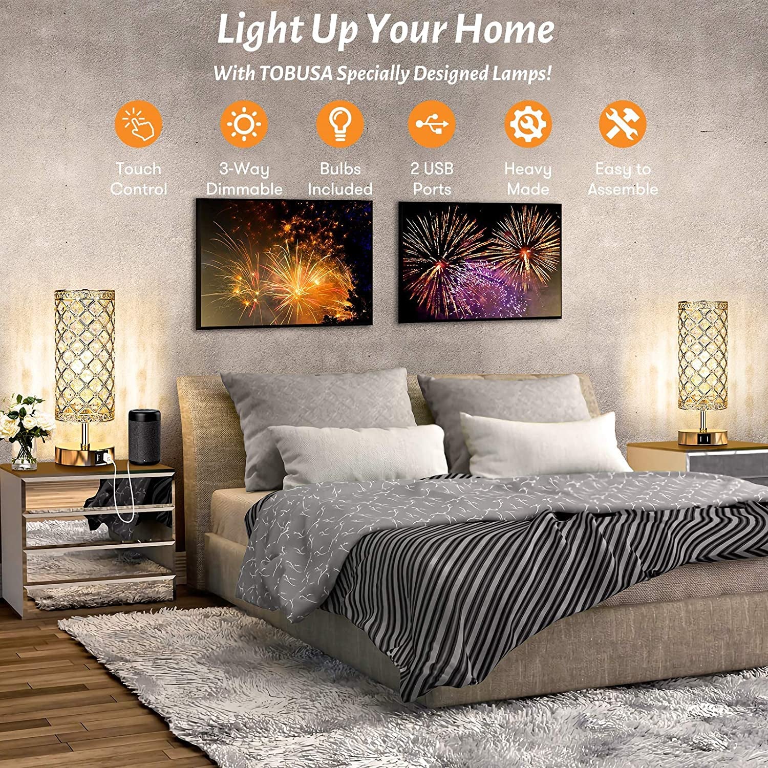Set of 2 Touch Control Crystal Table Lamps with 2 USB Ports, 3-Way Dimmable Bedside Nightstand Gold Lamps with Decorative Crystal, Small Table Lamps for Bedrooms Living Room, Led Bulbs Included