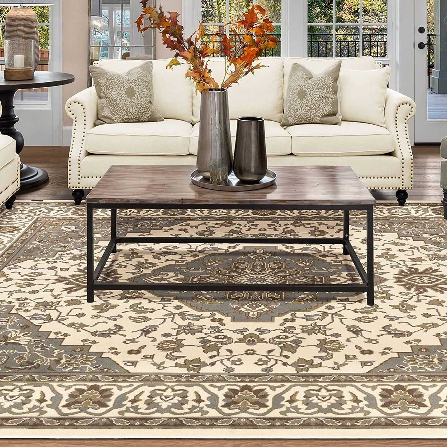 SUPERIOR Glendale Traditional Floral Medallion Polypropylene Indoor Area Rug with Jute Backing, 4' X 6', Green