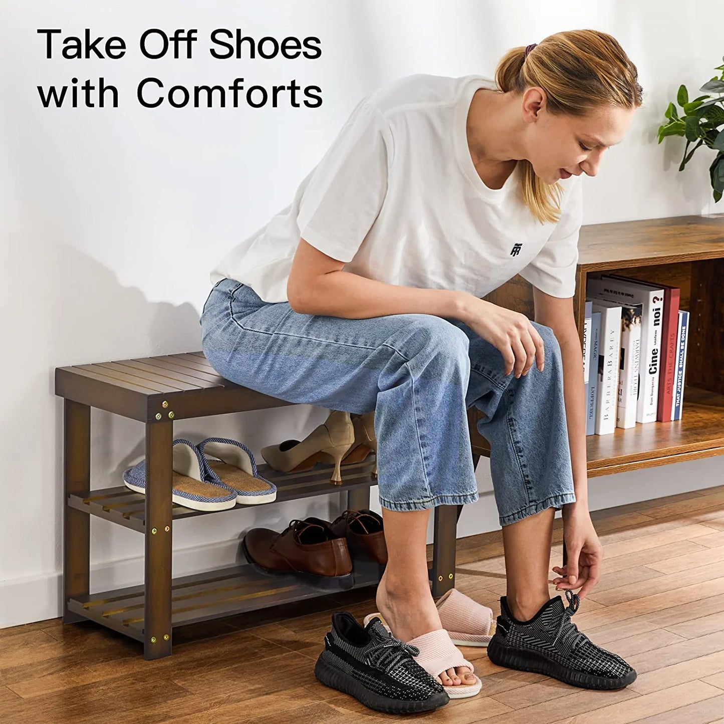 Bamboo Shoe Rack Bench, 3-Tier Sturdy Shoe Organizer, Storage Shoe Shelf, Holds up to 300Lbs for Entryway Bedroom Living Room Balcony (Dark Brown)