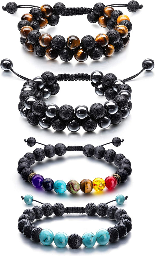 Adjustable Lava Rock Stone Essential Oil Diffuser Bracelet Braided Rope Stone Yoga Beads Bracelets for Men Women