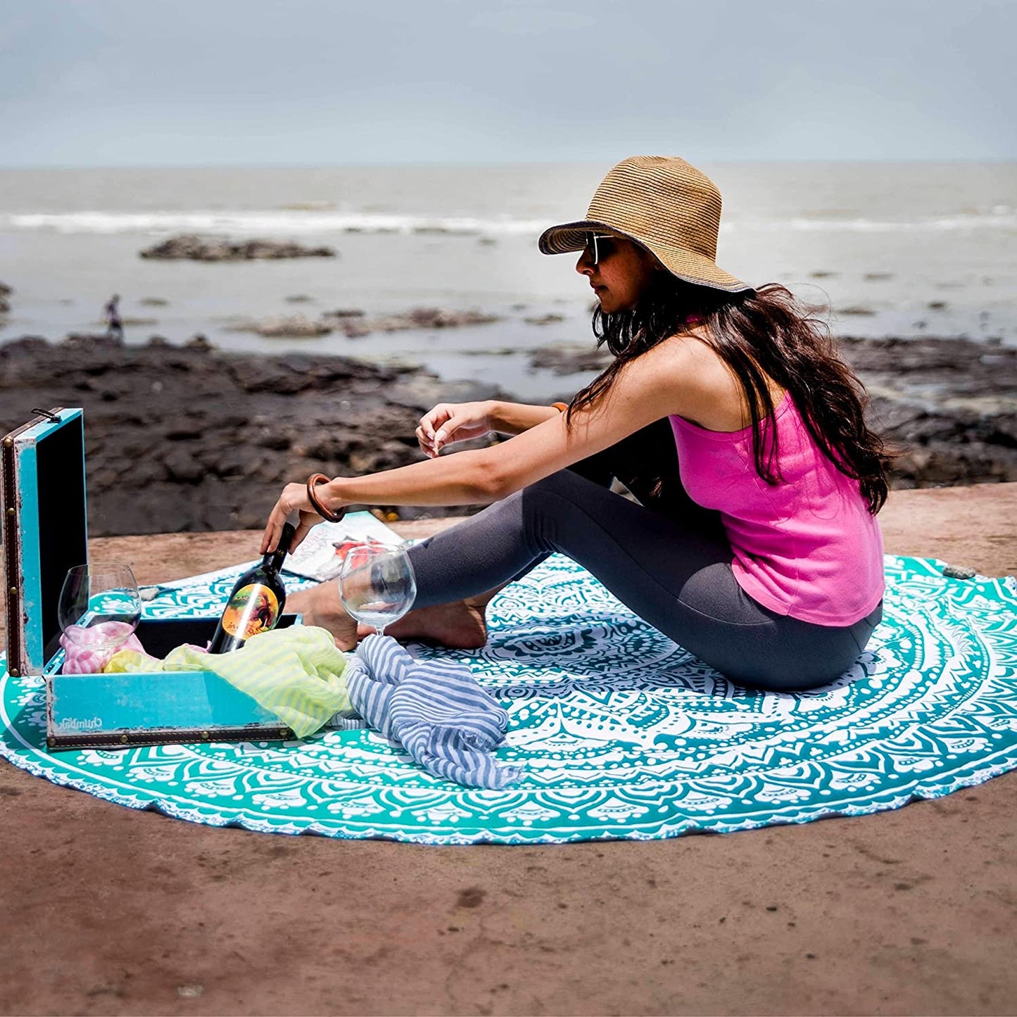 Tealtastic Mandala round Tapestry Hippie Indian Mandala Beach Roundie Picnic Table Throw Hippy Bohemian Spread Boho Gypsy Cotton Tablecloth Beach Towel Meditation round Yoga Mat - 72 Inches, Green