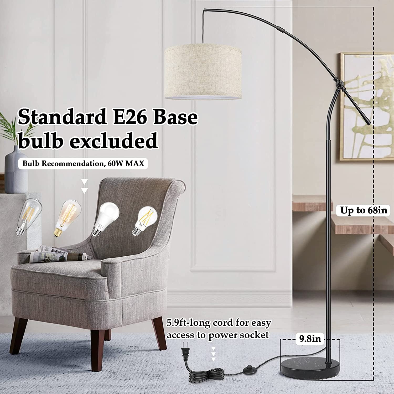 Modern Floor Lamp for Living Room Contemporary Arc Lamp behind the Couch Tall Standing Reading Lamp with Hanging Shade & Foot Switch Adjustable Arm for Bedroom Office Industrial Style Lighting Black