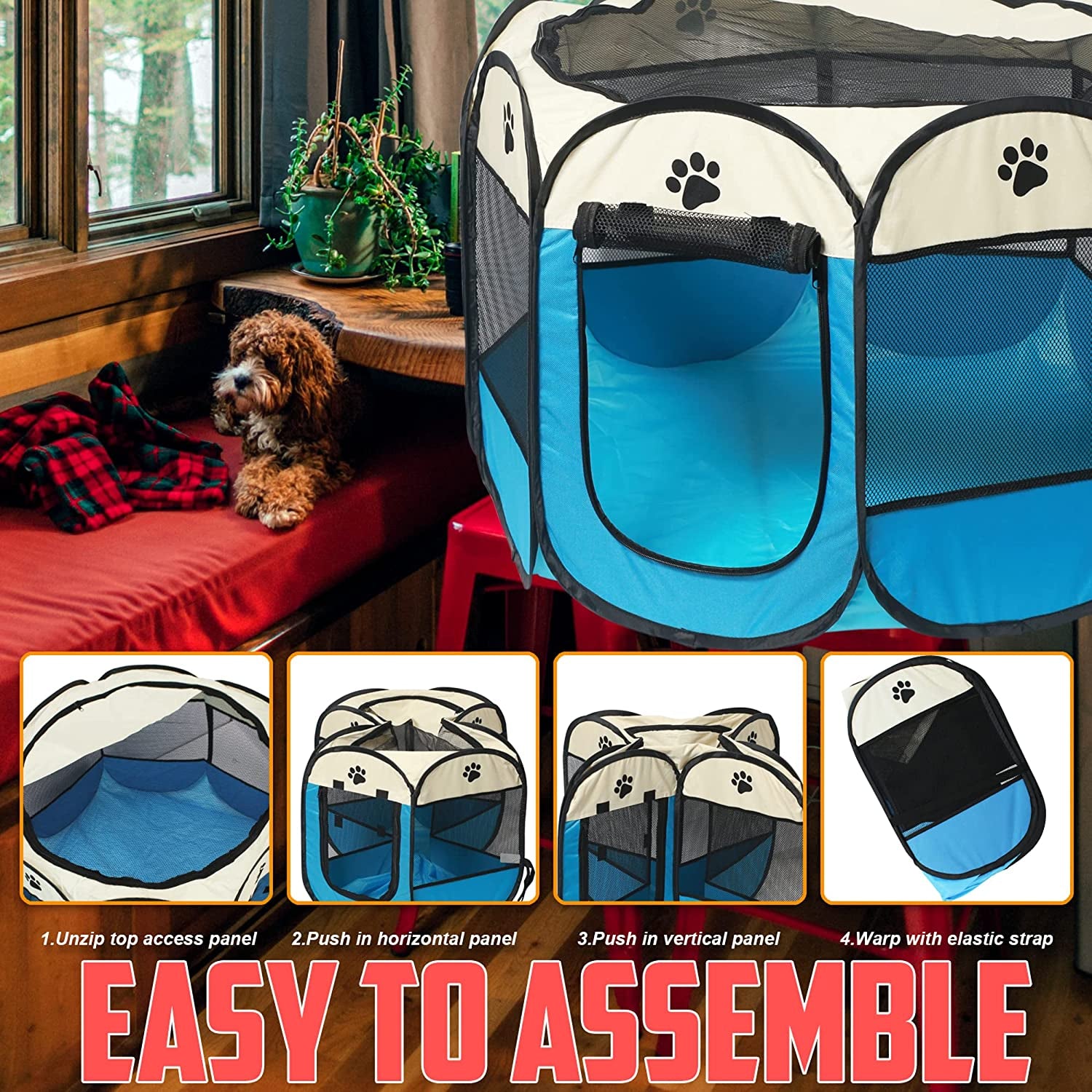 Portable Foldable Pet Puppy Playpen - Indoor Outdoor with Water Resistant Removable Shade Cover for Dog Cat Rabbit (Medium)