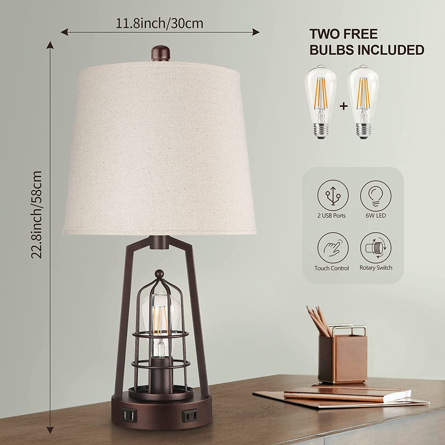 Set of 2 Farmhouse Table Lamps with USB Ports, 3-Way Dimmable Bedside Touch Lamp, Bedroom Nightstand Lamp with AC Outlet, Rustic Industrial Desk Lamps for Living Room Reading, Bulbs Included