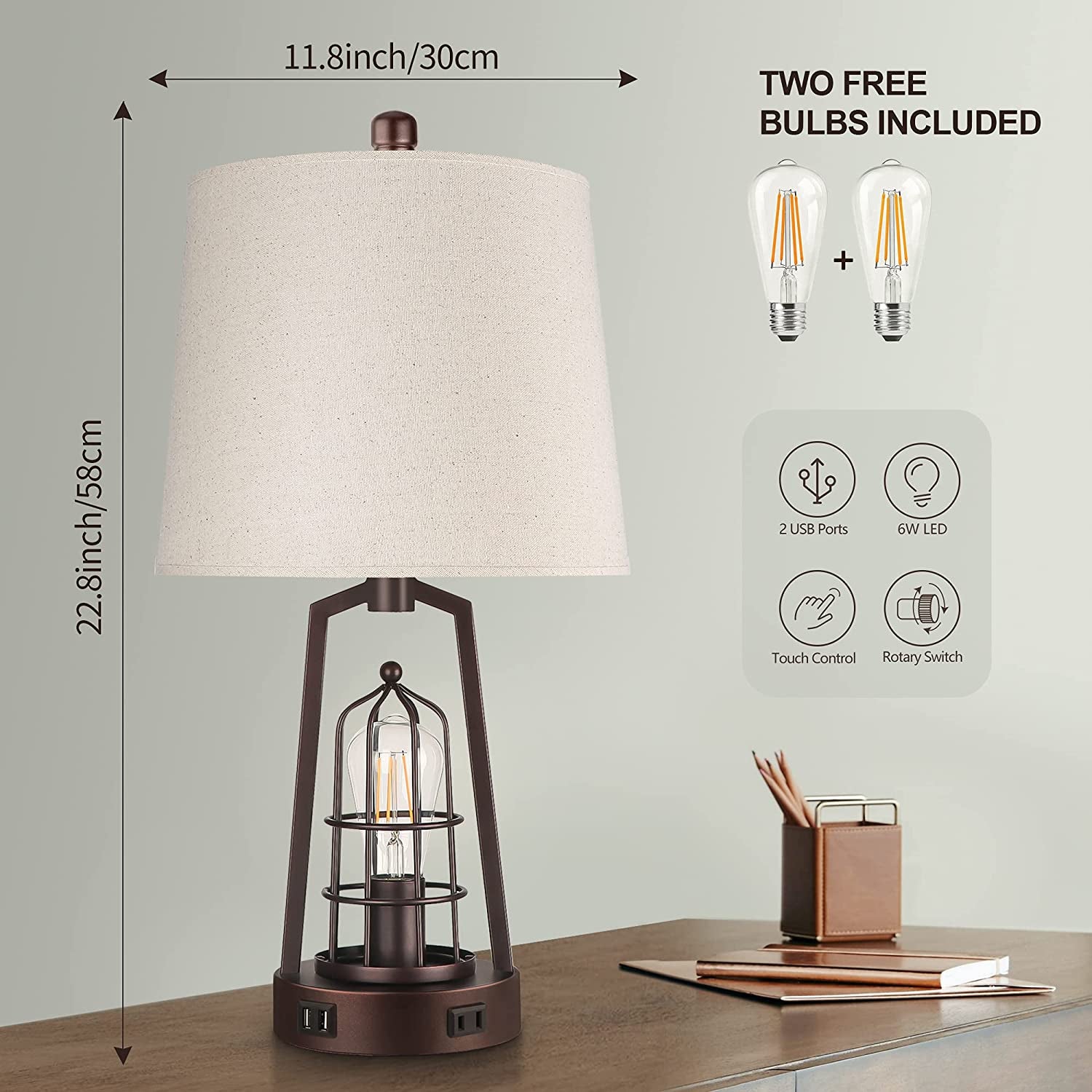 Set of 2 Farmhouse Table Lamps with USB Ports, 3-Way Dimmable Bedside Touch Lamp, Bedroom Nightstand Lamp with AC Outlet, Rustic Industrial Desk Lamps for Living Room Reading, Bulbs Included