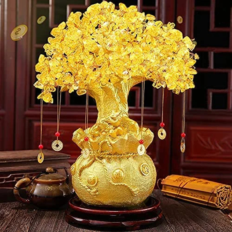 Feng Shui Citrine/Yellow Crytal Money Tree with Chinese Dragon Pots