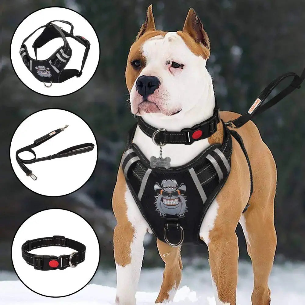 Dog Harness No-Pull Dog Vest Set Reflective Adjustable Oxford Material Pet Harness for Medium Large Dogs with Leash and Collar (Large(Chest:25-35"), Black)