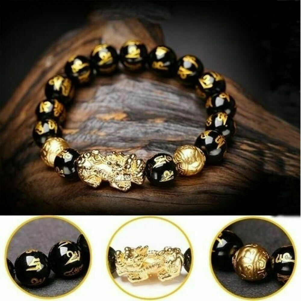 Feng Shui Black Obsidian Beads Bracelet Attract Wealth & Good Luck Bangle Pixiu