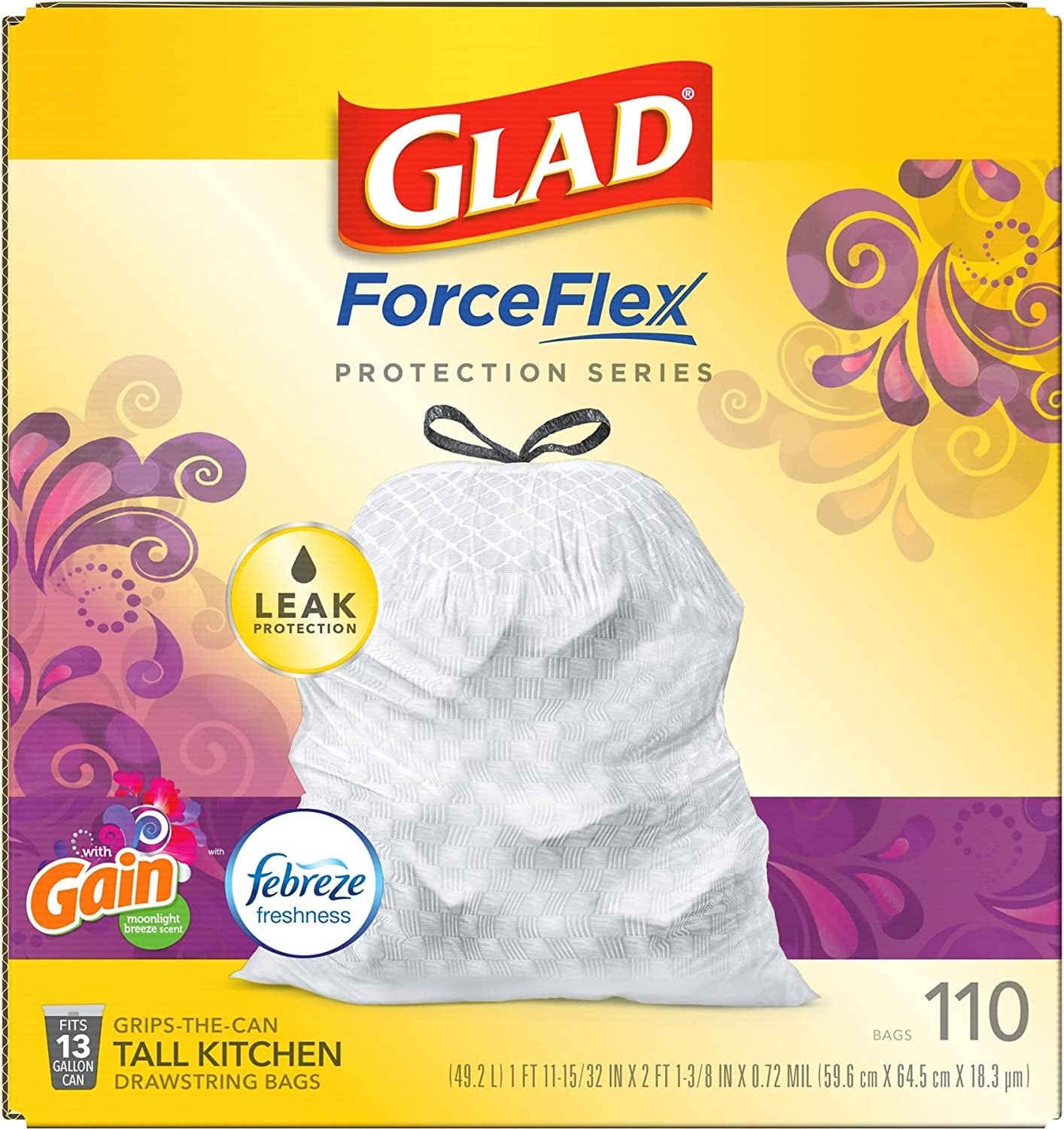 Trash & Food Storage Forceflex Protection Series Tall Trash Bags, 13 Gal, Gain Moonlight Breeze with Febreze, 110 Ct (Package May Vary)