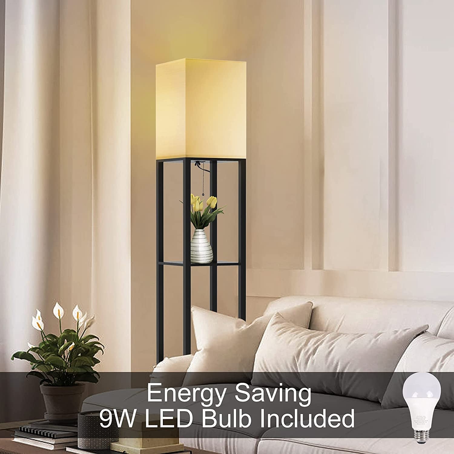Column Floor Lamp with Shelves, Modern Shelf Floor Lamp with 9W LED Bulb, 3 Tier Storage Display Standing Reading Lamp Narrow Corner Nightstand Light for Bedroom Living Room, Black