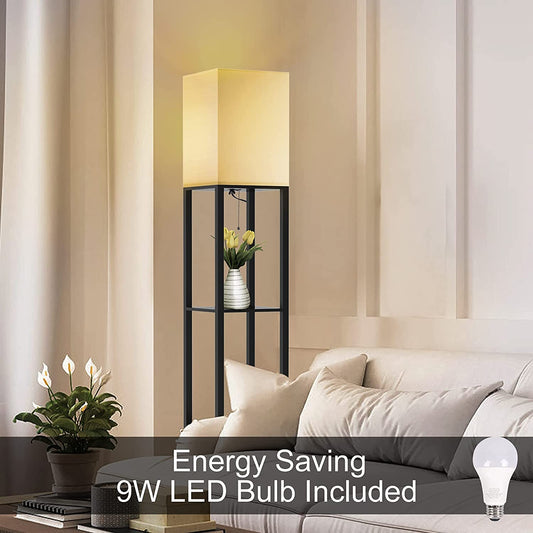 Column Floor Lamp with Shelves, Modern Shelf Floor Lamp with 9W LED Bulb, 3 Tier Storage Display Standing Reading Lamp Narrow Corner Nightstand Light for Bedroom Living Room, Black