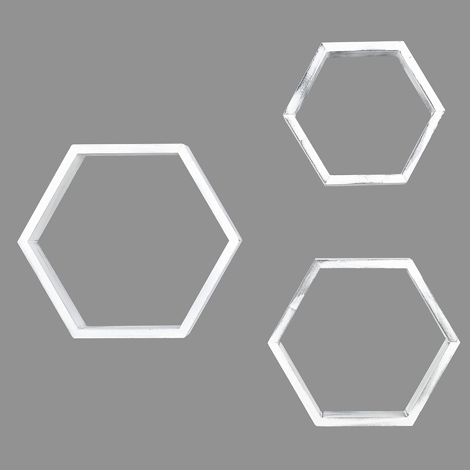 Wall Mounted Hexagon Floating Shelves, Wooden Wall Organizers Hanging Shelf for Home Decor, Set of 3, Rustic White