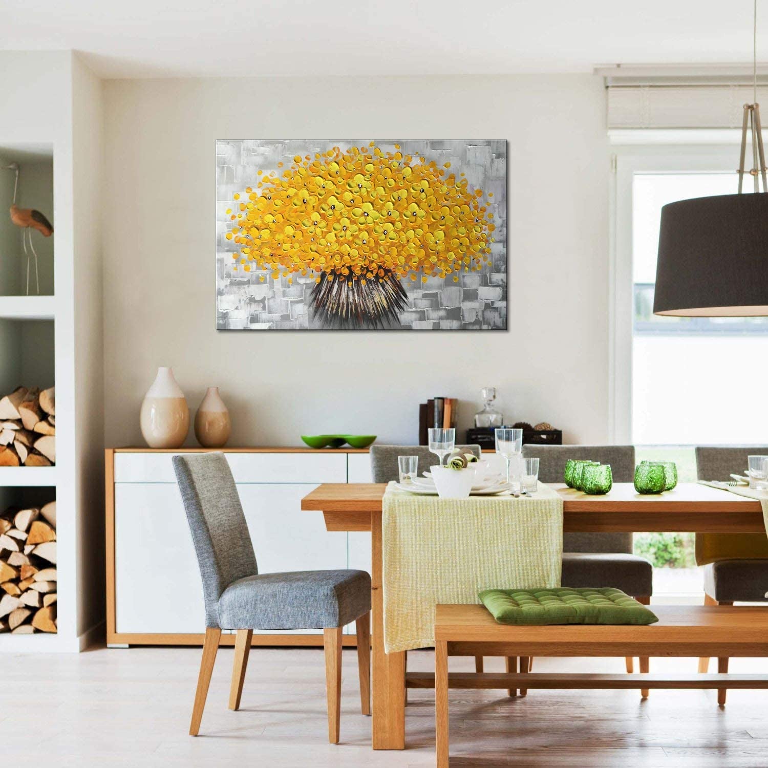 Handmade Yellow Flower Wall Art on Canvas One Piece Painting Gray Modern Abstract Artwork