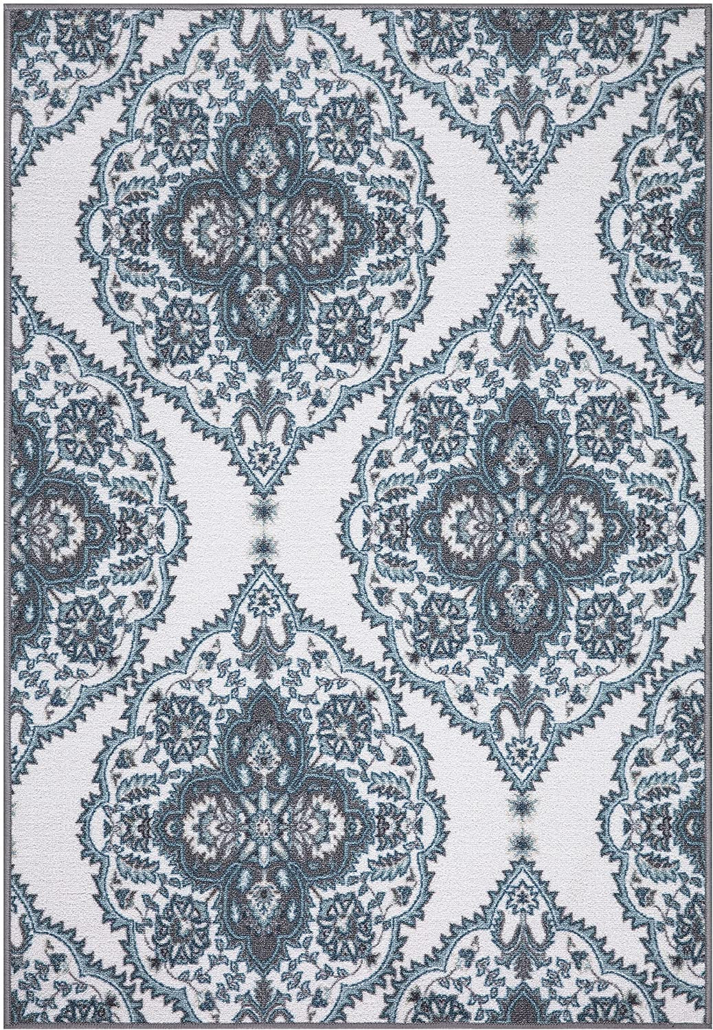 Ottohome Collection Boho Design Non-Slip Rubberback 3X5 Area Rug, 3'3" X 5', Blue/Ivory