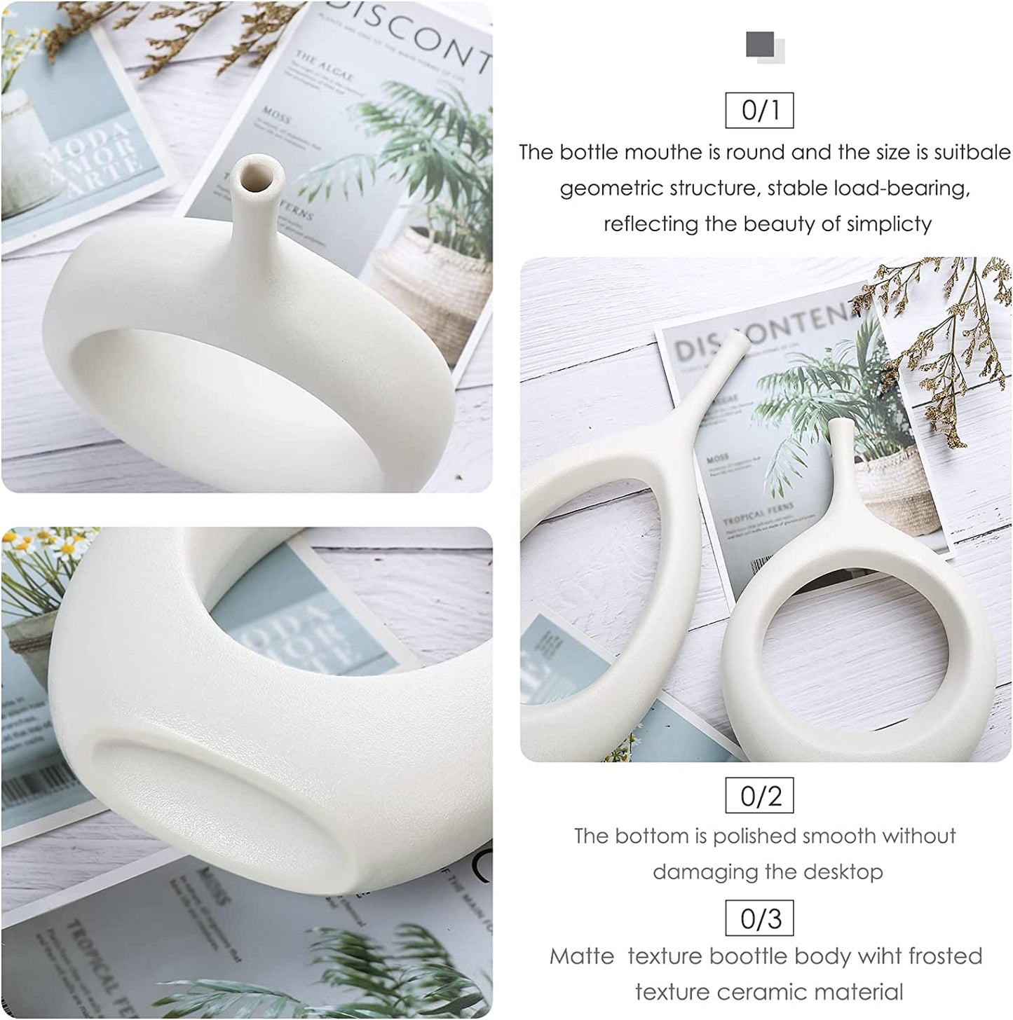 White Ceramic Hollow Vases Set of 2, Flower Vase for Decor, Modern Decorative Vase Centerpiece for Wedding Dinner Table Party Living Room Office Bedroom, Housewarming Gift