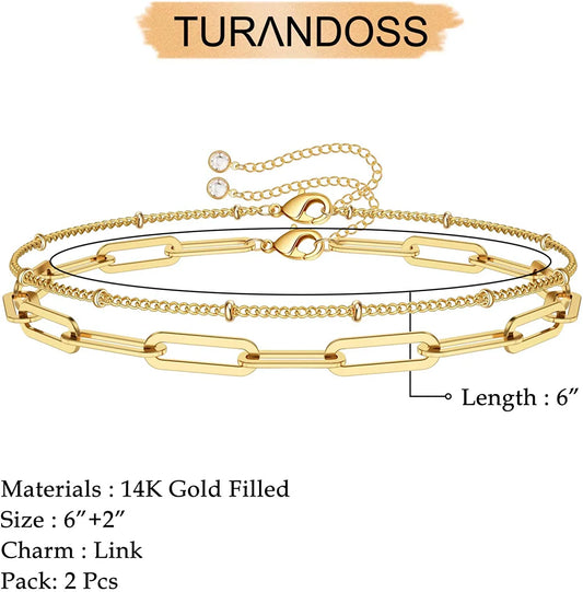 Dainty Gold Bracelets for Women, 14K Gold Filled Adjustable Layered Bracelet Cute Evil Eye Oval Chain Pearl Bar Turtle Gold Bracelets for Women Jewelry
