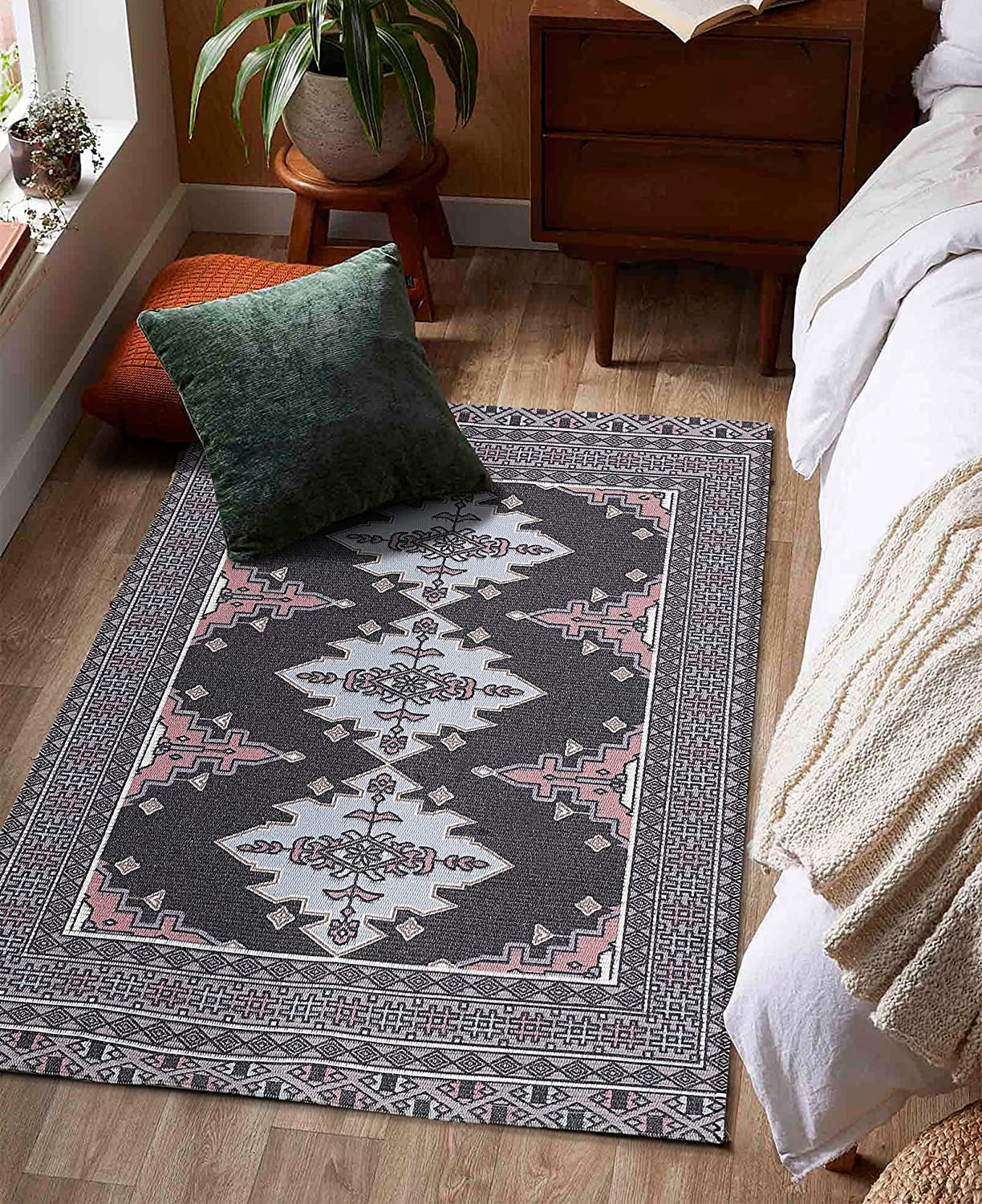 Persian Tribal Throw Rugs with Non-Slip Pad, Aztec Ethnic African Oriental Small Cotton Area Rug 2X3, Distressed Kilim Rug Floor Carpet for Kitchen Bathroom Washable (Charcoal Grey, 2X3)