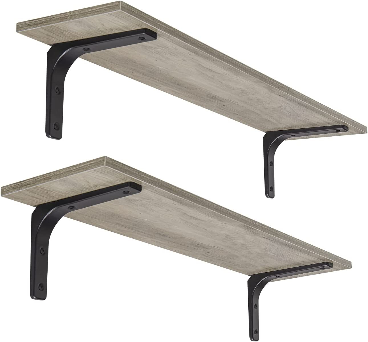Long Wall Shelves, 31.5 Inch Wall Mounted Shelves Set of 2, Easy-To-Install, Wall Storage Ledges with Sturdy Metal Brackets for Living Room, Bathroom, Bedroom, Kitchen, Grey Wash