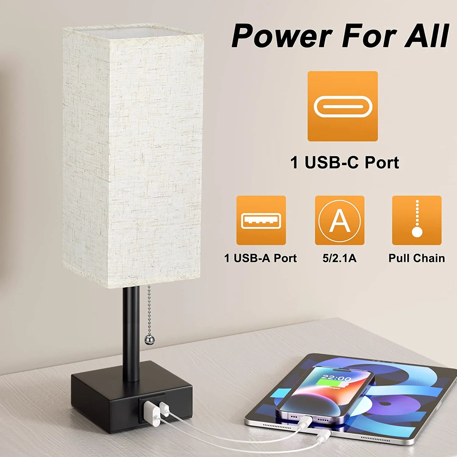 Bedside Table Lamp with 3 Levels Brightness - 2700/3500/5000K Small Lamp with USB C+A Ports, Nightstand Lamp with 3 Color Modes by Pull Chain, Bedroom Lamp for Living Read Work(Led Bulb Included)