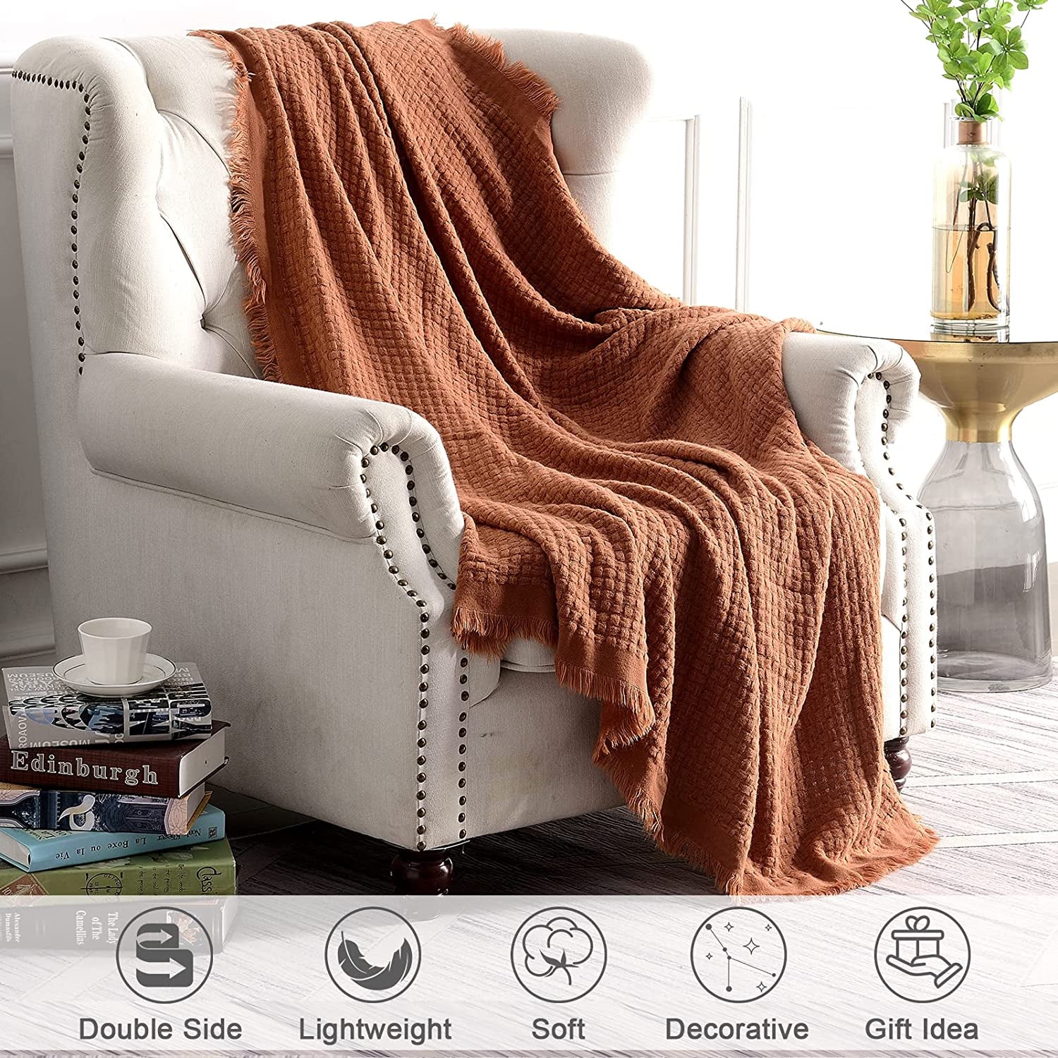 Boho Throw Blanket for Couch-Soft Throw Blanket for Christmas,Cozy Farmhouse Waffle Throw,Small Lightweight Blankets & Throws for Bed,Chair,Sofa,Living Room,Home Decor(Orange Rust, 50*60'')