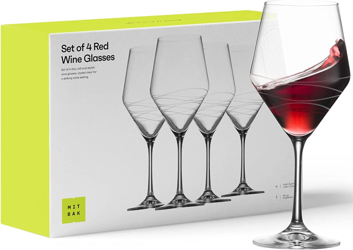 Red Wine Glasses Set of 4 | Chic Long Stem 20 Ounce Wine Glass Set Made from Crystal Clear Glass | Great Wine Gift for Wedding, Anniversary, Christmas, Birthday | Made in Europe