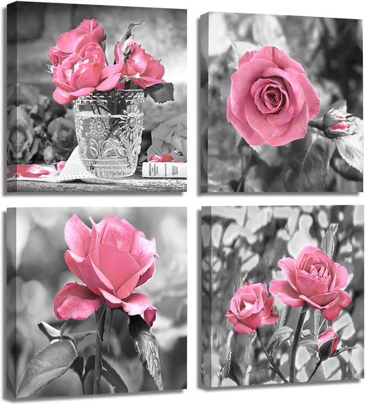 4 Panel Pink Rose Flower Wall Art Paintings Wall Art Paintings Floral Prints on Black and White Canvas Wall Decoration Framed for Bathroom Bedroom Decor Artwork 14X14 Inch
