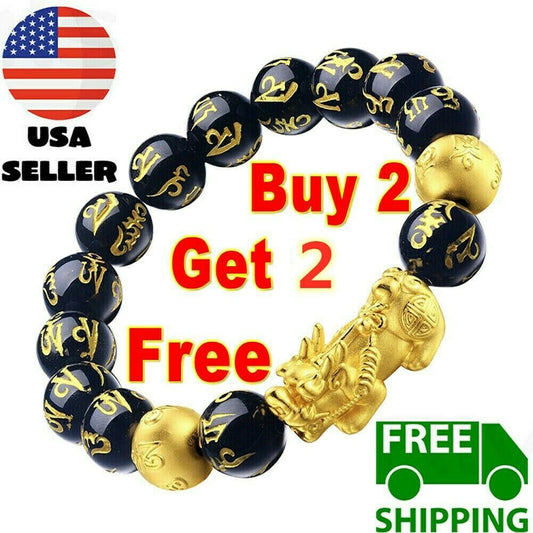 Feng Shui Black Obsidian Beads Bracelet Attract Wealth & Good Luck Bangle Pixiu