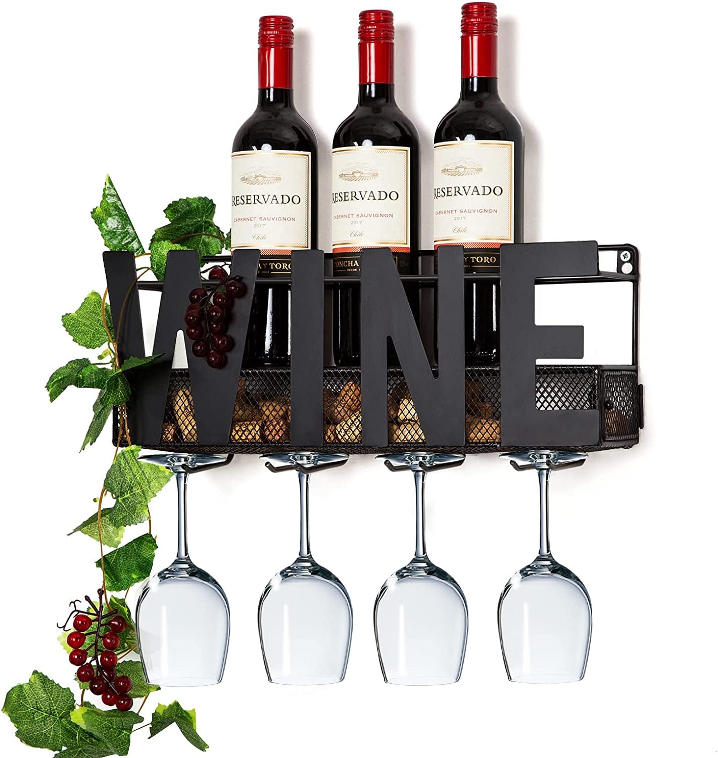 SODUKU Wall Mounted Metal Wine Rack 4 Long Stem Glass Holder & Wine Cork Storage Wine