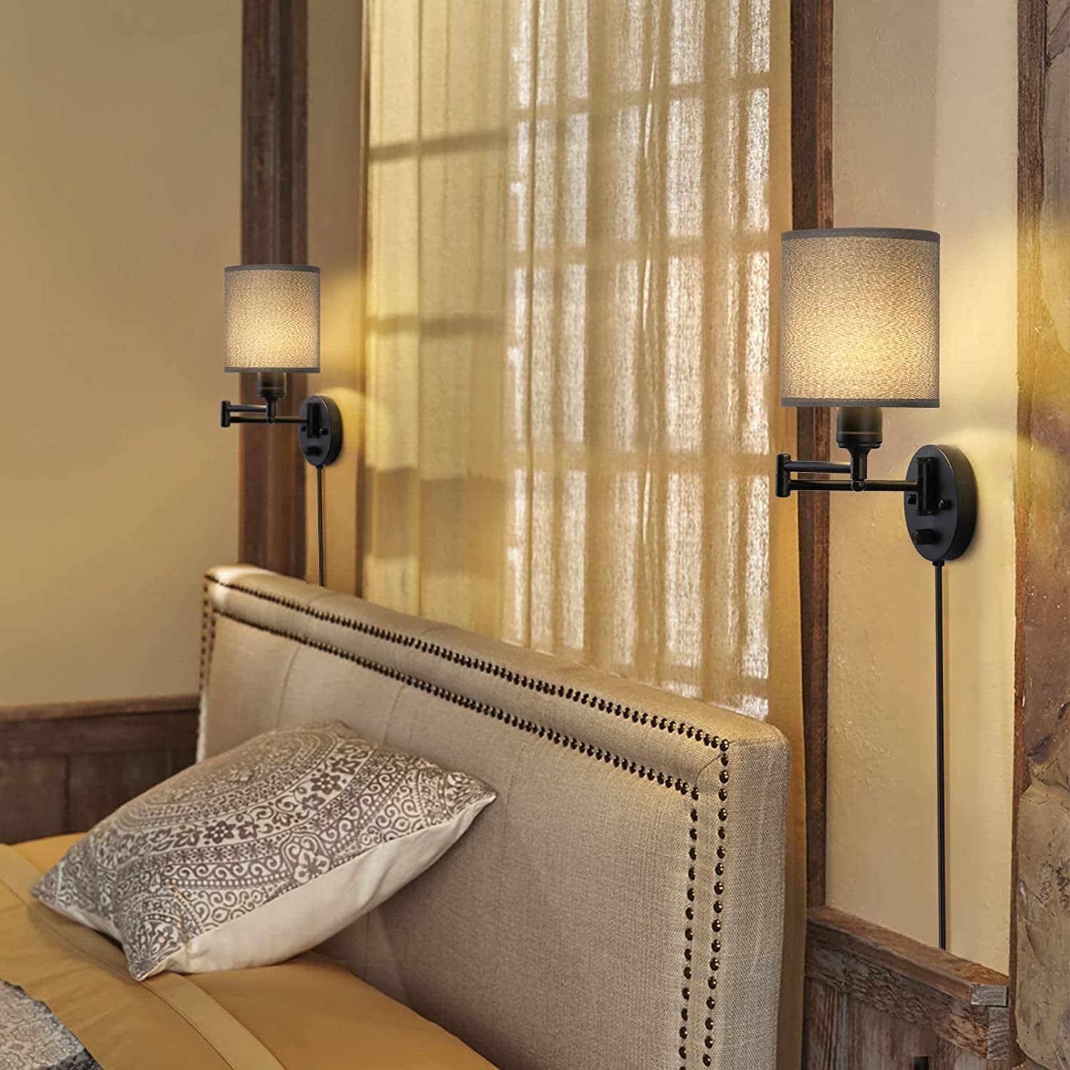 Plug in Wall Light Fixtures, Set of 2 Swing Arm Wall Lamps with Grey Linen Lampshade, Modern Bedside Wall Sconce for Bedroom Hallway Living Room Study