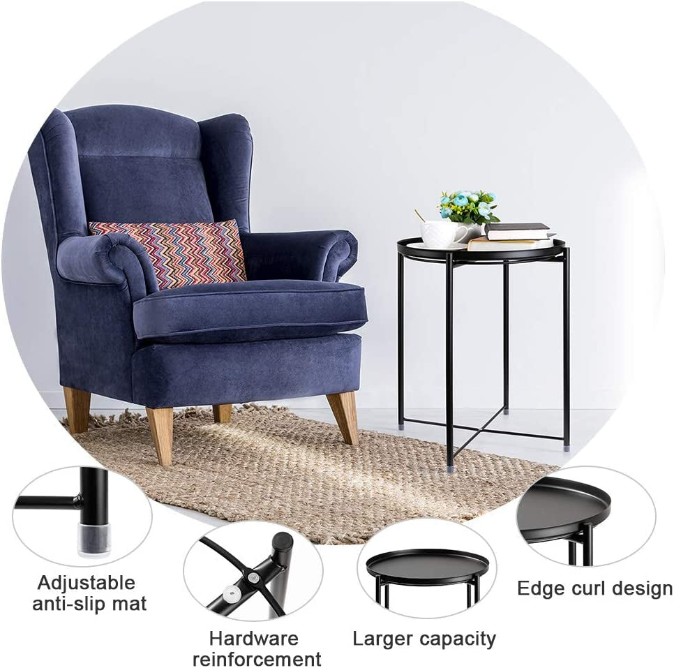 Side Table round Metal, Outdoor Side Table Small Sofa End Table Indoor Accent Table round Metal Coffee Table Waterproof Removable Tray Table for Living Room Bedroom Balcony Office Black