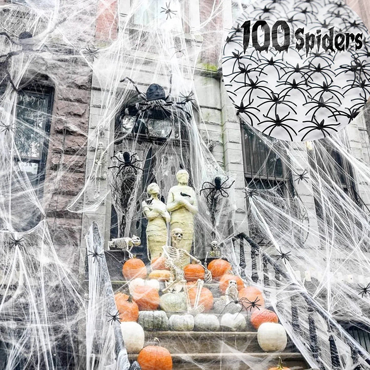 1200 Sqft Halloween Spider Web Decoration, Super Stretch DIY Cobwebs Bonus with 100 Fake Spiders, White Webbing Spooky Haunted House Garden Yard Home Office Tree Creepy Scene Props Indoor Outdoor Decor Party Supplies