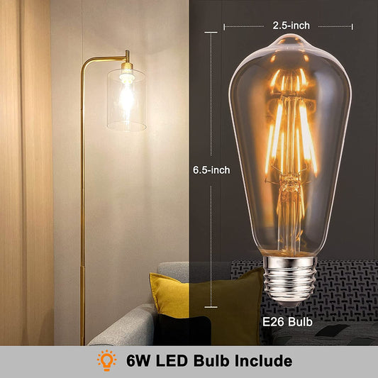 Gold Industrial Floor Lamp, Elizabeth Vintage Standing Lamp with E26 Light Bulb & Hanging Clear Glass Shade, Noble Tall Pole Floor Lamp with Foot Switch for Bedroom Living Room Office Bedside Reading