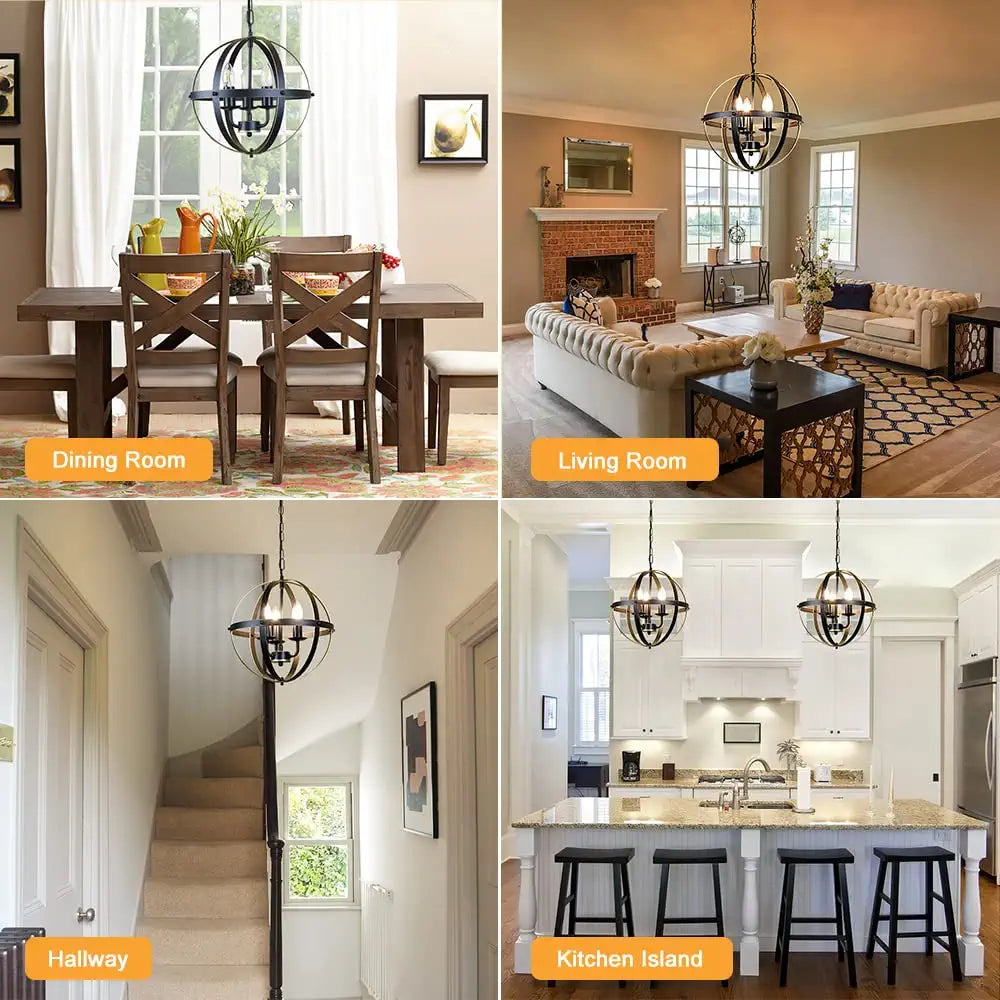 DLLT Chandelier Farmhouse Hanging Lighting, 3 Lights Globe Ceiling Light Fixture, Metal Swag Pendant Lighting for Kitchen, Dining Room, Living Room, Hallway, Bedroom, Entryway, E12 Base Gold