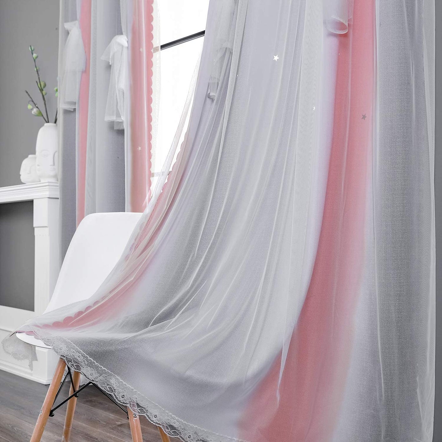 Star Curtains for Girls Bedroom Blackout Curtains for Kids Room Decor Star Hollow Out Princess Curtain Cutout Ombre Striped Lace Window Curtain 1 Panel (42W X 84L, Pink Grey)
