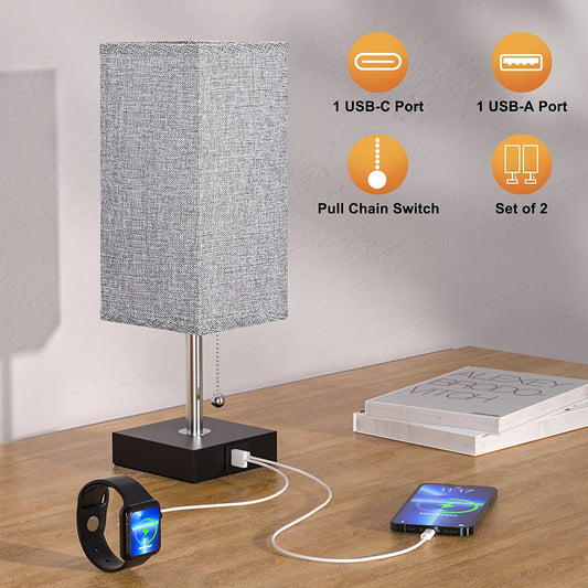 Bedside Lamps for Bedrooms Set of 2 - Table Lamps for Nightstand with USB Ports, Small Night Stand Light Lamp with Grey Fabric Shade for End Table Living Room Home Office Study Room (2 Pack)