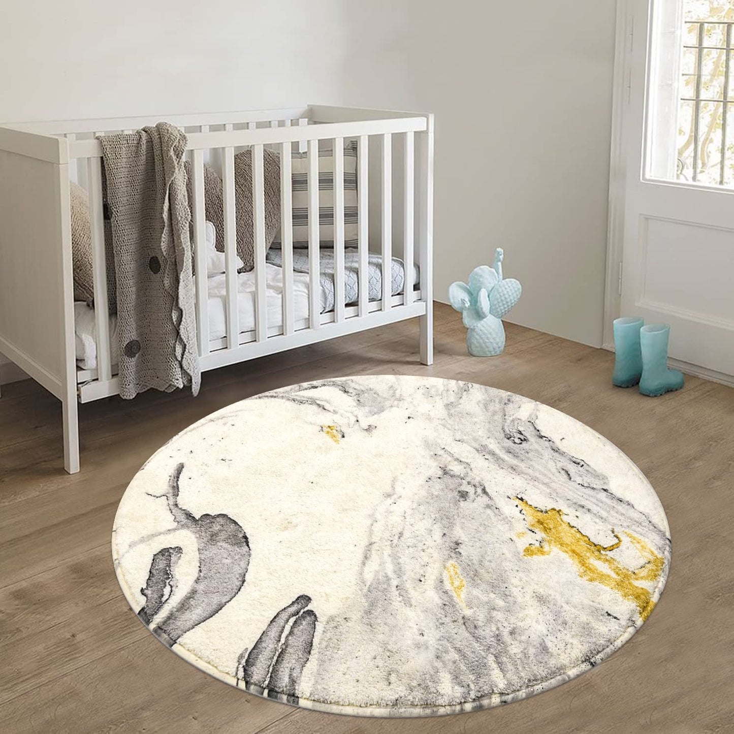 round Area Rugs 3' Diameter Modern Abstract Beige Marble Throw Rugs Super Soft Velvet Non-Slip Chic Distressed Accent Floor Carpet for Bedroom Living Room Nursery Decor