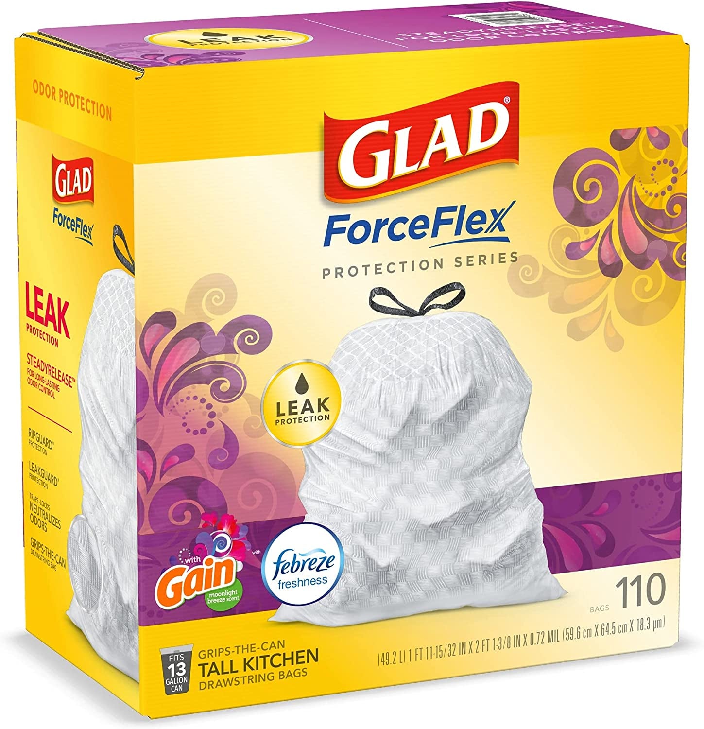 Trash & Food Storage Forceflex Protection Series Tall Trash Bags, 13 Gal, Gain Moonlight Breeze with Febreze, 110 Ct (Package May Vary)