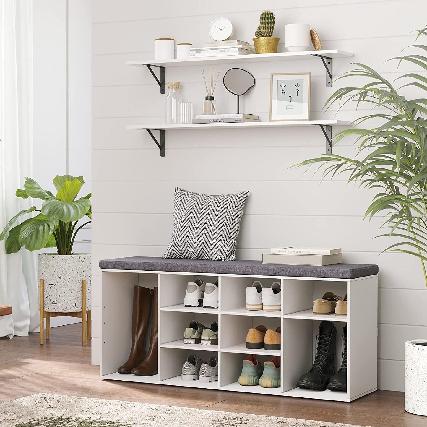 Shoe Storage Bench with Cushion, Cubby Shoe Rack with 12 Cubbies, Adjustable Shelves, Multifunctional Shoe Organizer Bench for Entryway, Mudroom, Hallway, Closet and Garage, White