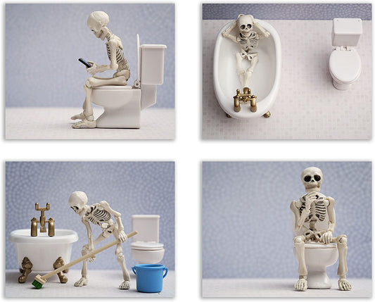 Skeleton Bathroom Prints - Skeleton Wall Art , Skeleton Bathroom Decor - Funny Bathroom Art, Funny Bathroom Decor Wall Art, Bathroom Halloween Decor, Hipster Gifts - Set of 4 (8X10) Unframed
