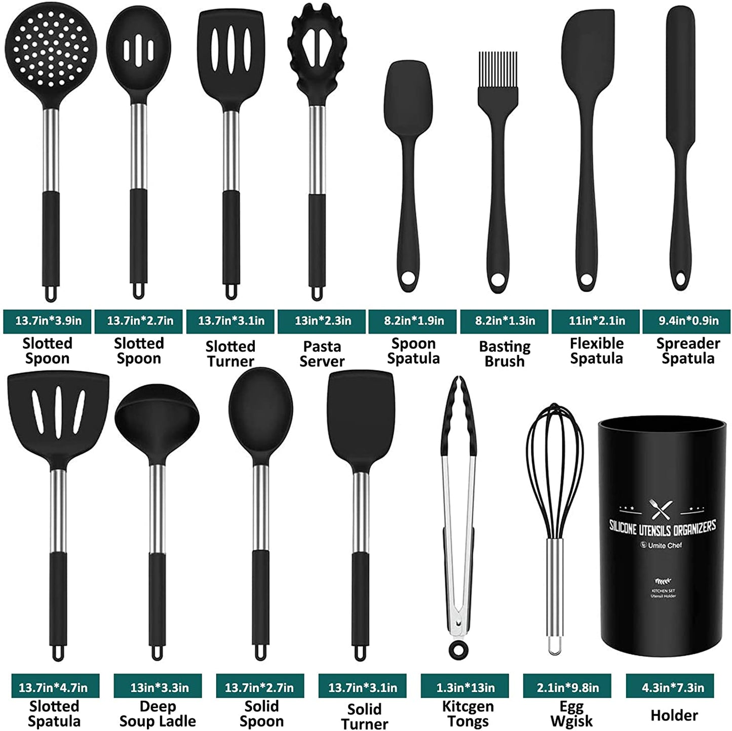 Silicone Cooking Utensil Set,  15Pcs Silicone Cooking Kitchen Utensils Set, Non-Stic - Best Kitchen Cookware with Stainless Steel Handle - Black
