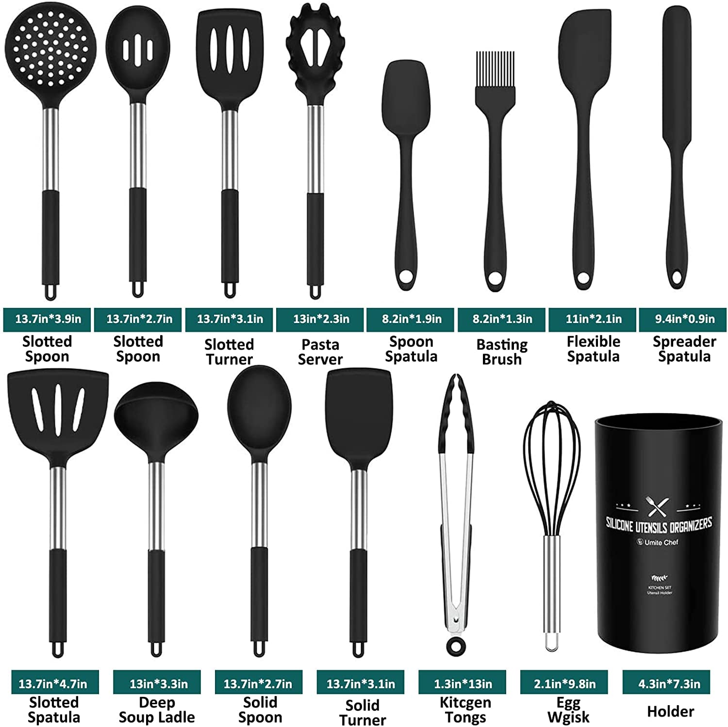 Silicone Cooking Utensil Set,  15Pcs Silicone Cooking Kitchen Utensils Set, Non-Stic - Best Kitchen Cookware with Stainless Steel Handle - Black