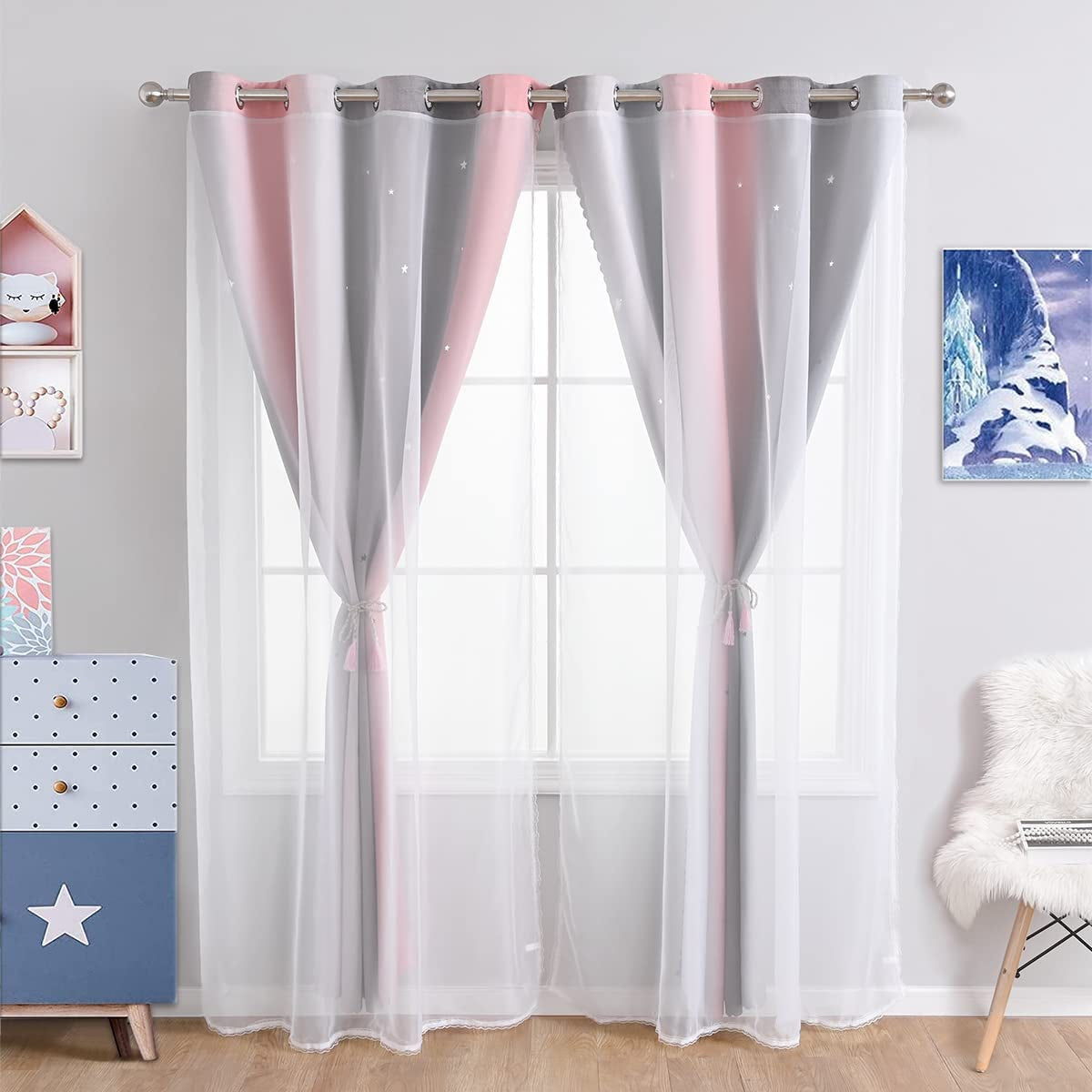 2 Panels Star Curtains for Girls Kids Bedroom, Light Blocking Princess Star Cut Out Curtain, Colorful Striped Voile Double Layer Window Curtain for Girls Room (52W X 63L, Pink/Grey)